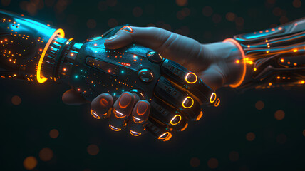 Human and Robot Handshake Representing AI Collaboration. A graphic representation of a handshake between a human hand and a robotic hand, symbolizing the harmonious partnership between humans and arti - obrazy, fototapety, plakaty