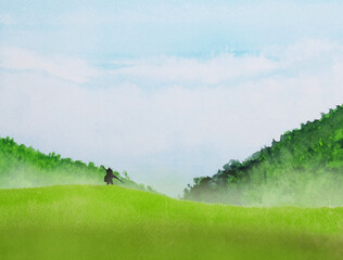 watercolor painting landscape field mountain and the man stand alone. traditional oriental ink asia art style	 - 741156851