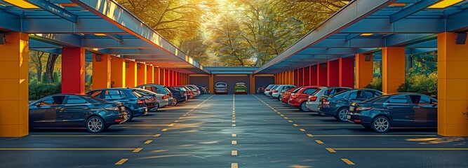 Solar-paneled canopy roof with parking - obrazy, fototapety, plakaty