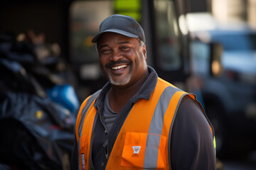 Joyful Sanitation Worker in Safety Vest Posing with Garbage Truck - obrazy, fototapety, plakaty