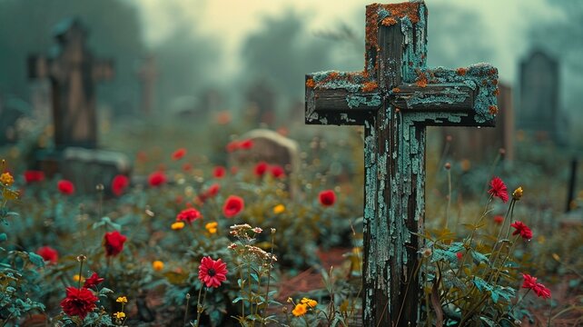 a graveyard with a rough wooden cross