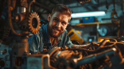 A Mechanic man portrait smiling at the garage. - obrazy, fototapety, plakaty