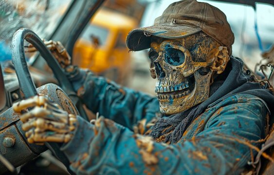 truck driver with a skeleton's head in the wheel