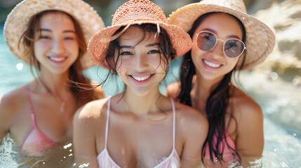 3/4 body shot. Asian women in a picturesque seaside setting, their spirited camaraderie embodying the joy of summer .