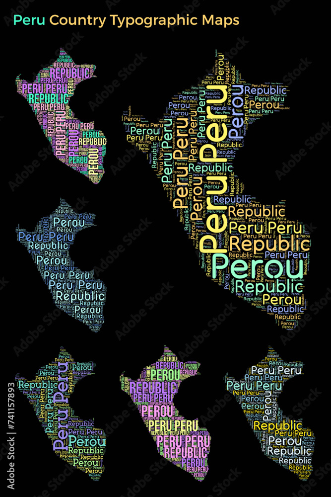 Poster set of typography style country illustrations. peru map shape build of horizontal and vertical count
