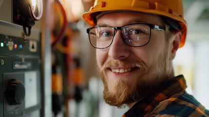 Portrait of a man electrician wearing heard hat working