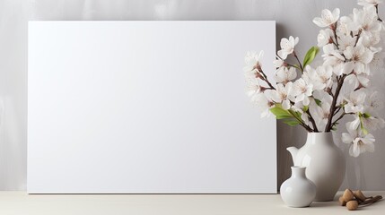 A large white canvas and a flowering branch in a jug. Spring sale.