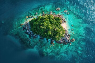 A forested island in the middle of the ocean.