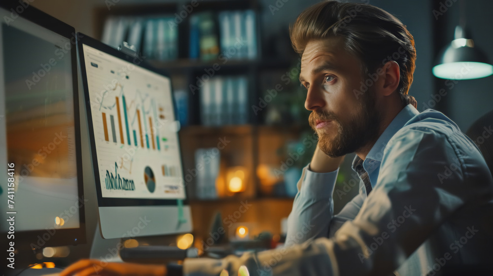 Aufkleber a businessman analyze data graph on computer in office.