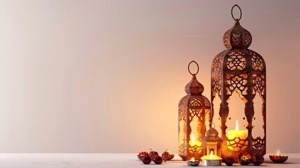 Decorative Arabic lanterns with burning candles burning on a white background. Festive greeting card, invitation to the Muslim holy month of Ramadan Kareem - Eid Ul Fitr - generative ai