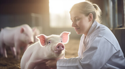 Veterinarian indoors on pig farm using tablet during examination.