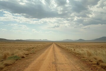 Fototapeta na wymiar Dramatic landscape of a desert road extending towards the horizon Symbolizing adventure and exploration in a vast Empty terrain.