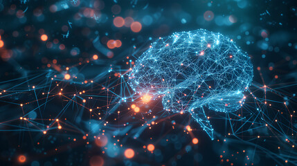 Digital Brain Network and Cognitive Connections. A 3D digital illustration of a human brain made of interconnected lines and glowing nodes, representing neural activity and cognitive processes.
 - obrazy, fototapety, plakaty