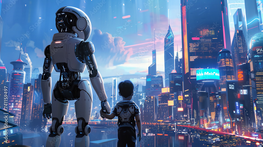 Wall mural a humanoid robot and child touch the hand together with futuristic city background wallpaper. - Wall murals