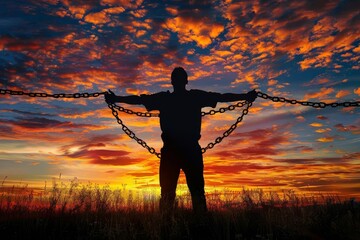 Silhouette of a person with arms wide open Breaking free from chains against a dramatic sunset Symbolizing liberation Empowerment And the triumph over constraints