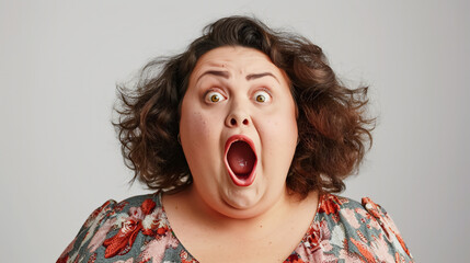 A fat woman in shock or surprise emotional face in studio on gray background.