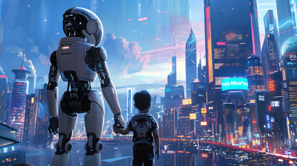 A humanoid robot and child touch the hand together with futuristic city background wallpaper. 