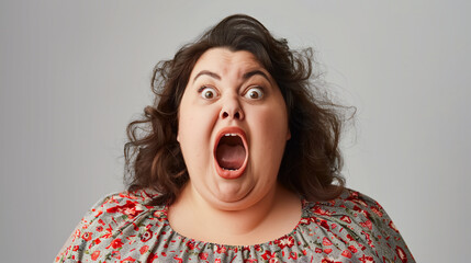 A fat woman in shock or surprise emotional face in studio on gray background. - obrazy, fototapety, plakaty