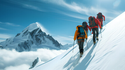 Mountaineers Trekking on Snowy Ridge Above Clouds. A line of mountaineers equipped with backpacks and ice axes trekking along a narrow, snow-covered mountain ridge above the clouds.
