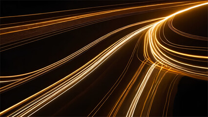 Fototapeta na wymiar Energy light flow. Sparkling flow, Road light. Curve streak trail line. Fast speed car. Long yellow way effect. Glowing street exposure. Blurred motion