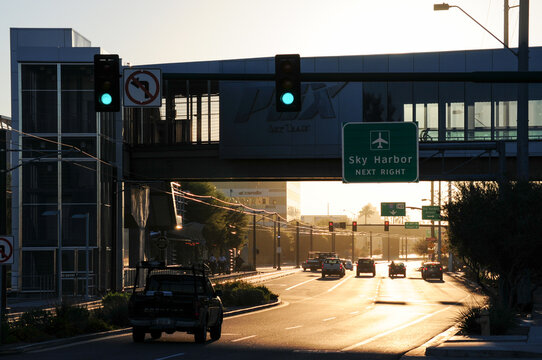 The Metro Light Rail Connection station and bridge to Phoenix Sky Harbor Airport in east Phoenix, Arizona