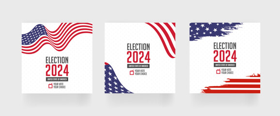 Election 2024 square post template, set of social media post for presidential vote 2024 of United States, eps vector illustration.
