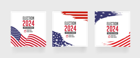 Election 2024 square post template, set of social media post for presidential vote 2024 of United States, eps vector illustration.
