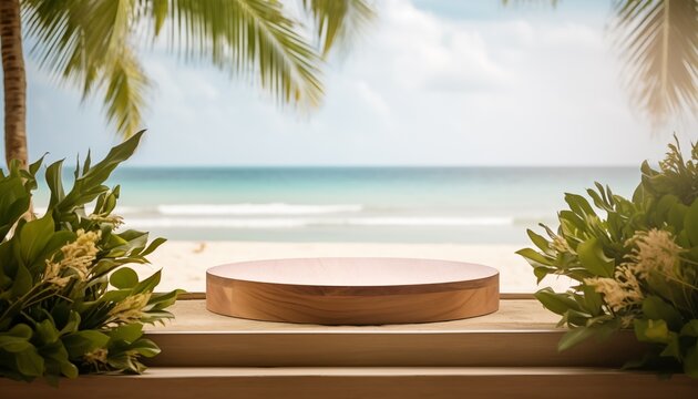 Podio de madera en playa tropical para presentaci&oacute;n de productos.
