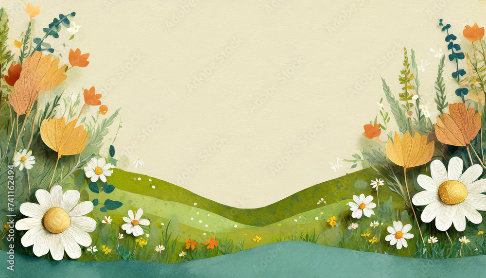 Wall mural painted meadow with spring flowers on yellow background. international womens or mothers day. greeti