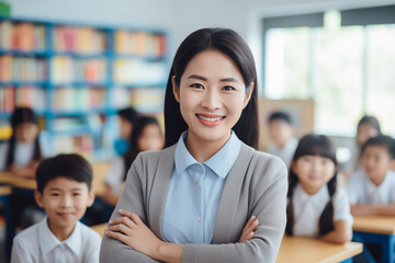 Asian female school teacher portrait inside a classroom with young students in the background