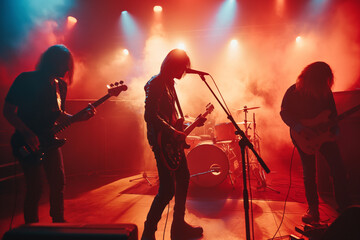 Rock and roll music band singing on stage during a concert