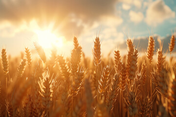 Wheat crops at harvest season on a farm field - obrazy, fototapety, plakaty