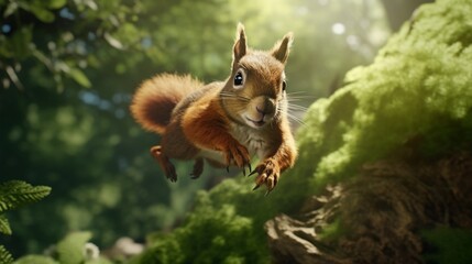 Squirell performing a quick super leap in a summer woodland, in