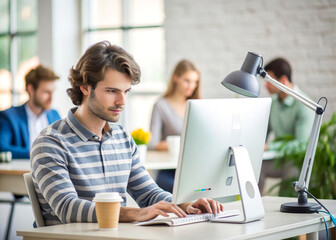 man in casual wear working while sitting at the desk in creative office