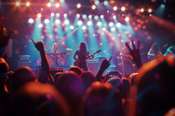 Rock and roll music band singing on stage for the crowd of fans during a concert - obrazy, fototapety, plakaty