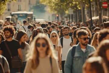 Large crowd of people walk along the city sidewalk in the summertime - obrazy, fototapety, plakaty
