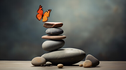 A butterfly sits on a stone and surrounded by flowers.serene nature, tranquil outdoors, outdoor relaxation, floral backdrop, 