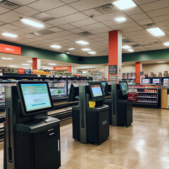 Self checkout counters at the front of a grocery store