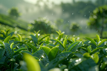 Field of tea leaves ready for harvest on a tropical farm plantation