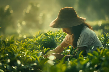 Woman picks tea leaves ready for harvest on a tropical farm plantation field