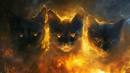 Three Fearless Feline Felons Roaming in a Fiery Realistic Fantasy Artwork - obrazy, fototapety, plakaty