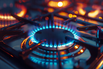 Natural gas stove top flame in a kitchen before cooking a hot meal