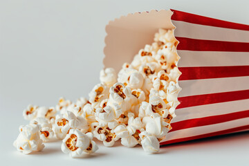 Box of fresh theater popcorn in a red striped box on a white background