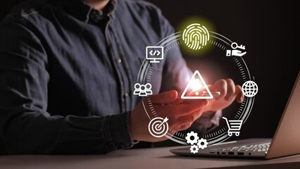 Personal data protection concept.Businessman using fingerprint indentification to access personal financial data. Idea for E-kyc,biometrics security, innovation technology against digital cyber crime