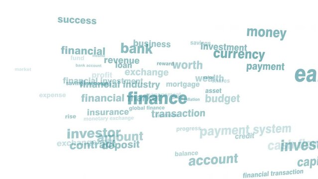 Financial texts on white background with typography displaying economy growth business investment, and success
