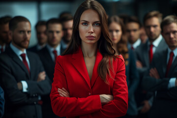 Smart confident business woman in the red suit, surrounded by business men