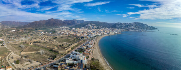 Panoramic aerial view of Roses citadel in Spain , giant pentagonal star fort fortress with bastions...