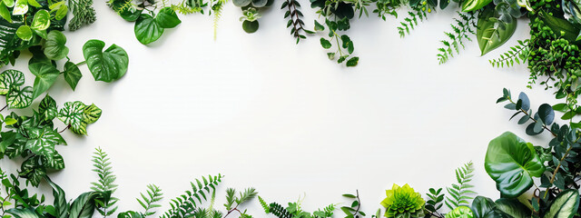 A frame of tropical botanical house plant on white background with a copyspace for text.