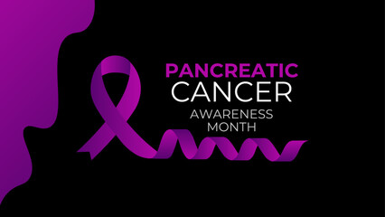 Pancreatic cancer awareness poster. Purple ribbon on black background. Pancreatitis disease. Medical concept. Holiday concept. cover, flyer, card, banner, poster. Vector illustration