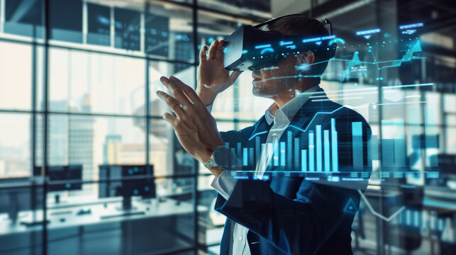 A business man wearing a VR goggle glasses with a blue hologram data graph.